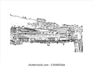 Building view with landmark of Whistler is a town north of Vancouver, British Columbia, that's home to Whistler Blackcomb. Hand drown sketch illustration