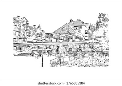 Building view with landmark of Whistler is a town north of Vancouver, British Columbia, that's home to Whistler Blackcomb. Hand drown sketch illustration