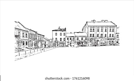 Building view with landmark of Wieliczka is a town near Krakow, in southern Poland. Hand drawn sketch illustration in vector