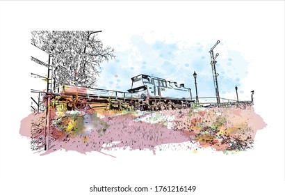 Building view with landmark of Wieliczka is a town near Krakow, in southern Poland. Watercolor splash with Hand drawn sketch illustration in vector