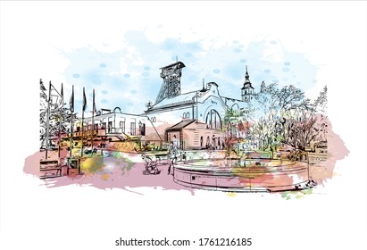 Building view with landmark of Wieliczka is a town near Krakow, in southern Poland. Watercolor splash with Hand drawn sketch illustration in vector