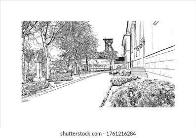 Building view with landmark of Wieliczka is a town near Krakow, in southern Poland. Hand drawn sketch illustration in vector