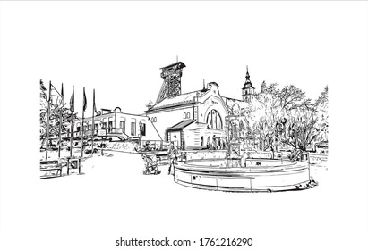 Building view with landmark of Wieliczka is a town near Krakow, in southern Poland. Hand drawn sketch illustration in vector