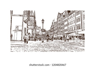 Building view with landmark of Wroclaw is a city on the Oder River in western Poland. Hand drawn sketch illustration in vector.