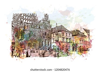 Building view with landmark of Wroclaw is a city on the Oder River in western Poland. Watercolor splash with Hand drawn sketch illustration in vector.