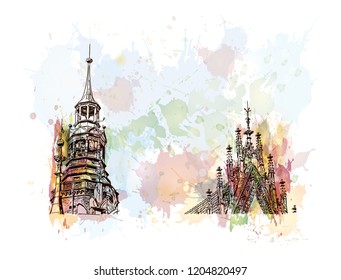 Building view with landmark of Wroclaw is a city on the Oder River in western Poland. Watercolor splash with Hand drawn sketch illustration in vector.