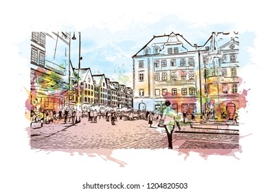 Building view with landmark of Wroclaw is a city on the Oder River in western Poland. Watercolor splash with Hand drawn sketch illustration in vector.