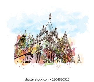 Building view with landmark of Wroclaw is a city on the Oder River in western Poland. Watercolor splash with Hand drawn sketch illustration in vector.