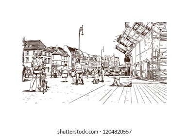 Building view with landmark of Wroclaw is a city on the Oder River in western Poland. Hand drawn sketch illustration in vector.