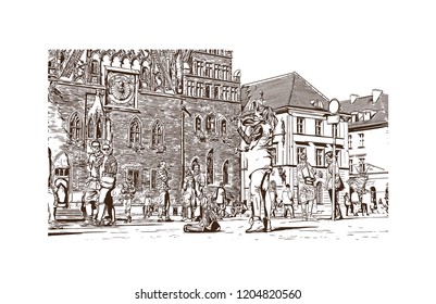 Building view with landmark of Wroclaw is a city on the Oder River in western Poland. Hand drawn sketch illustration in vector.