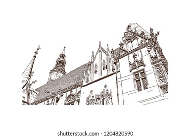 Building view with landmark of Wroclaw is a city on the Oder River in western Poland. Hand drawn sketch illustration in vector.