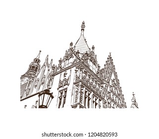 Building view with landmark of Wroclaw is a city on the Oder River in western Poland. Hand drawn sketch illustration in vector.