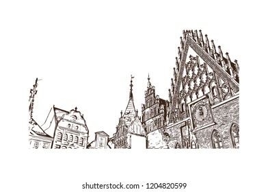 Building view with landmark of Wroclaw is a city on the Oder River in western Poland. Hand drawn sketch illustration in vector.