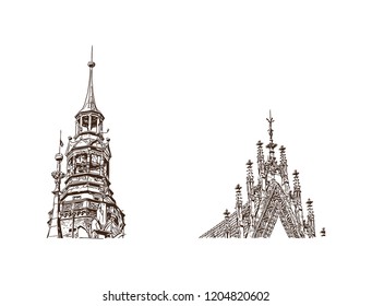 Building view with landmark of Wroclaw is a city on the Oder River in western Poland. Hand drawn sketch illustration in vector.