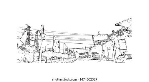 Building view with landmark of Wuhan, the sprawling capital of Central China’s Hubei province. Hand drawn sketch illustration in vector.