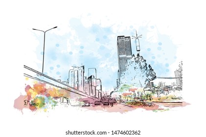 Building view with landmark of Wuhan, the sprawling capital of Central China’s Hubei province. Watercolor splash with Hand drawn sketch illustration in vector.