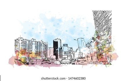 Building view with landmark of Wuhan, the sprawling capital of Central China’s Hubei province. Watercolor splash with Hand drawn sketch illustration in vector.
