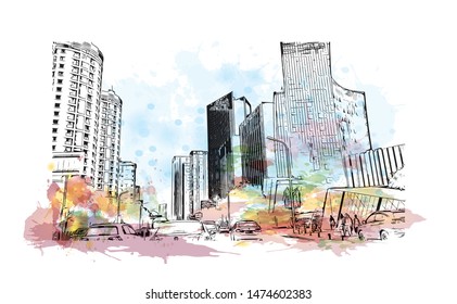 Building view with landmark of Wuhan, the sprawling capital of Central China’s Hubei province. Watercolor splash with Hand drawn sketch illustration in vector.