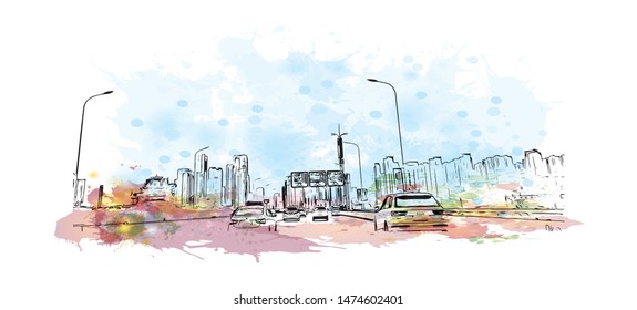 Building view with landmark of Wuhan, the sprawling capital of Central China’s Hubei province. Watercolor splash with Hand drawn sketch illustration in vector.