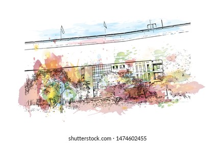 Building view with landmark of Wuhan, the sprawling capital of Central China’s Hubei province. Watercolor splash with Hand drawn sketch illustration in vector.