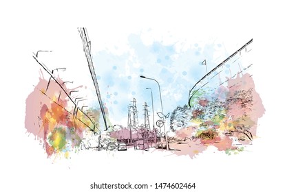 Building view with landmark of Wuhan, the sprawling capital of Central China’s Hubei province. Watercolor splash with Hand drawn sketch illustration in vector.