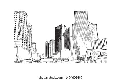 Building view with landmark of Wuhan, the sprawling capital of Central China’s Hubei province. Hand drawn sketch illustration in vector.