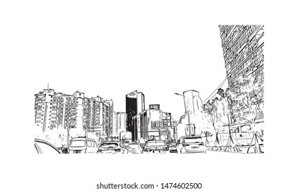 Building view with landmark of Wuhan, the sprawling capital of Central China’s Hubei province. Hand drawn sketch illustration in vector.