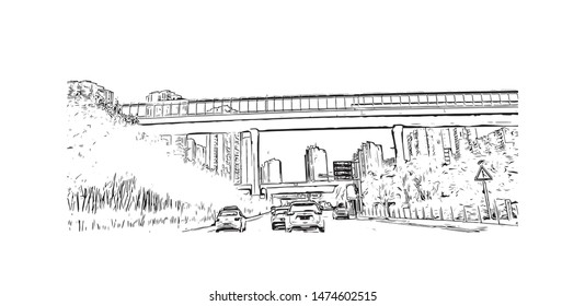 Building view with landmark of Wuhan, the sprawling capital of Central China’s Hubei province. Hand drawn sketch illustration in vector.