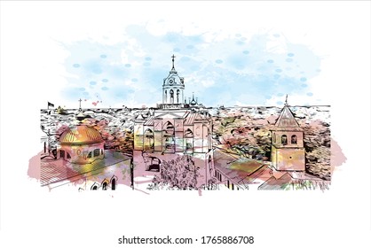 Building view with landmark of Yaroslavl is a Russian city, northeast of Moscow. It's part of the Golden Ring group of ancient towns. Watercolor splash with hand drown sketch illustration in vector.