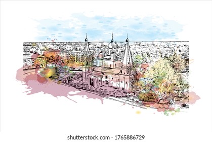 Building view with landmark of Yaroslavl is a Russian city, northeast of Moscow. It's part of the Golden Ring group of ancient towns. Watercolor splash with hand drown sketch illustration in vector.