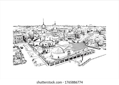 Building view with landmark of Yaroslavl is a Russian city, northeast of Moscow. It's part of the Golden Ring group of ancient towns. Hand drown sketch illustration in vector.