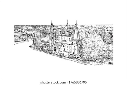 Building view with landmark of Yaroslavl is a Russian city, northeast of Moscow. It's part of the Golden Ring group of ancient towns. Hand drown sketch illustration in vector.