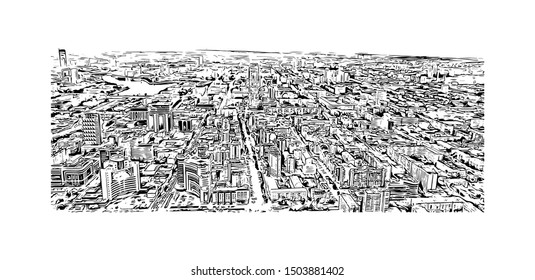 Building view with landmark of Yekaterinburg is a city in Russia, east of the Ural Mountains. Hand drawn sketch illustration in vector.