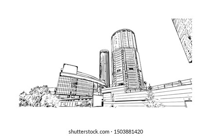 Building view with landmark of Yekaterinburg is a city in Russia, east of the Ural Mountains. Hand drawn sketch illustration in vector.