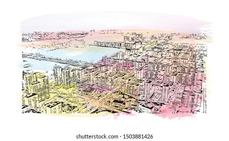 Building view with landmark of Yekaterinburg is a city in Russia, east of the Ural Mountains. Watercolor splash Hand drawn sketch illustration in vector.