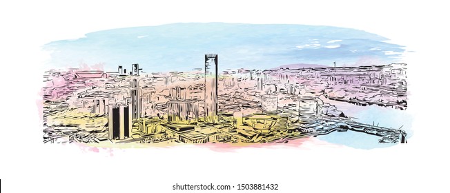 Building view with landmark of Yekaterinburg is a city in Russia, east of the Ural Mountains. Watercolor splash Hand drawn sketch illustration in vector.