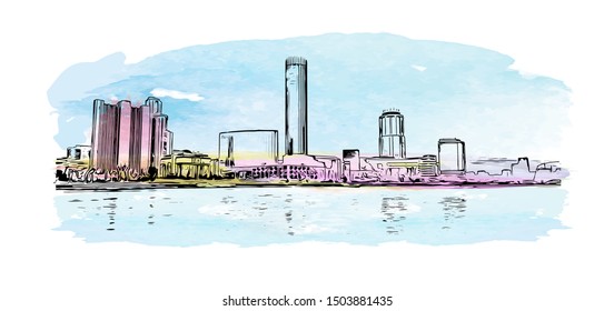 Building view with landmark of Yekaterinburg is a city in Russia, east of the Ural Mountains. Watercolor splash Hand drawn sketch illustration in vector.