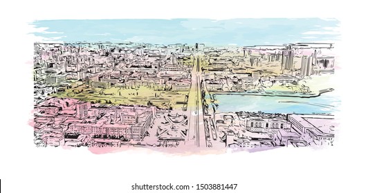 Building view with landmark of Yekaterinburg is a city in Russia, east of the Ural Mountains. Watercolor splash Hand drawn sketch illustration in vector.