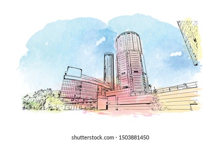 Building view with landmark of Yekaterinburg is a city in Russia, east of the Ural Mountains. Watercolor splash Hand drawn sketch illustration in vector.
