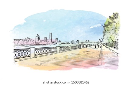 Building view with landmark of Yekaterinburg is a city in Russia, east of the Ural Mountains. Watercolor splash Hand drawn sketch illustration in vector.