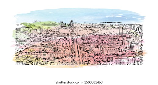 Building view with landmark of Yekaterinburg is a city in Russia, east of the Ural Mountains. Watercolor splash Hand drawn sketch illustration in vector.
