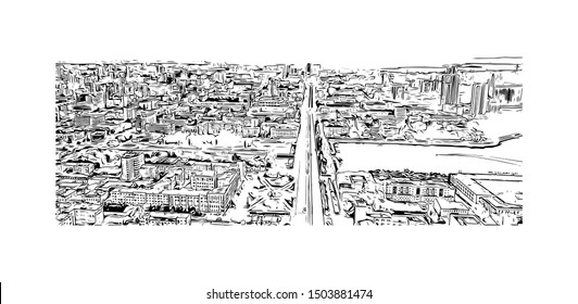 Building view with landmark of Yekaterinburg is a city in Russia, east of the Ural Mountains. Hand drawn sketch illustration in vector.