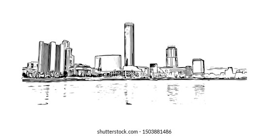 Building view with landmark of Yekaterinburg is a city in Russia, east of the Ural Mountains. Hand drawn sketch illustration in vector.