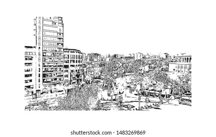 Building view with landmark of Yerevan, Armenia's capital. Hand drawn sketch illustration in vector.