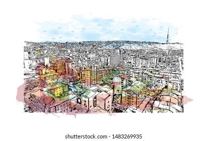 Building view with landmark of Yerevan, Armenia's capital. Watercolor splash with Hand drawn sketch illustration in vector.
