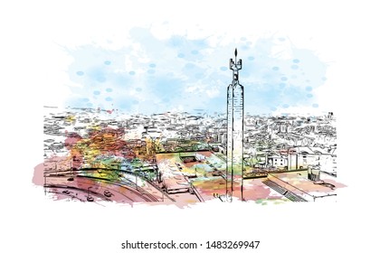 Building view with landmark of Yerevan, Armenia's capital. Watercolor splash with Hand drawn sketch illustration in vector.