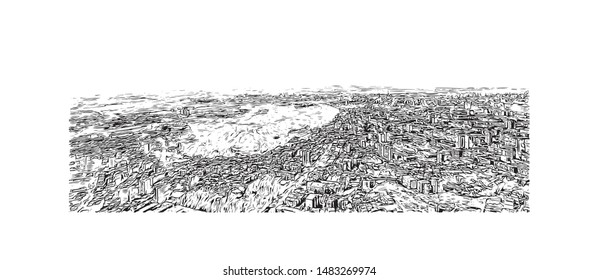 Building view with landmark of Yerevan, Armenia's capital. Hand drawn sketch illustration in vector.