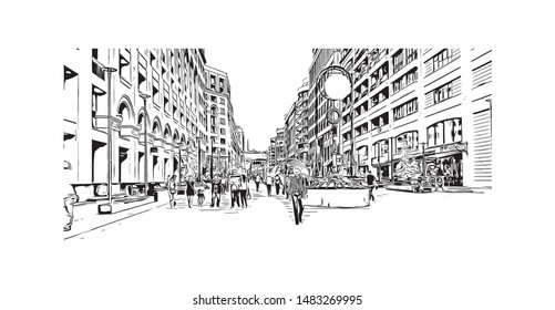 Building view with landmark of Yerevan, Armenia's capital. Hand drawn sketch illustration in vector.