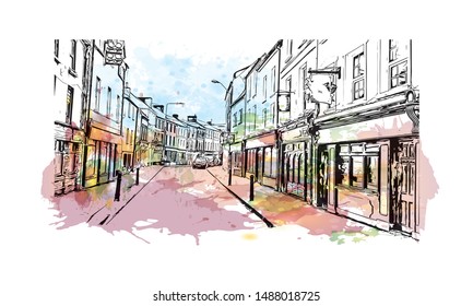 Building view with landmark of Youghal is a seaside resort town in County Cork, Ireland. Watercolor splash with Hand drawn sketch illustration in vector.