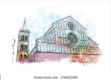 Building view with landmark of Zadar, a city on Croatia’s Dalmatian coast, Watercolor splash with  hand drown sketch illustration in vector. 